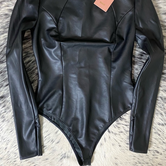 WOLFORD X AMINA MUADDI FAUX LEATHER BODYSUIT, SZ IT/40 FR/36